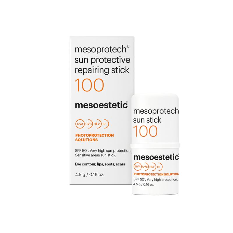 Mesoestetic Mesoprotech Sun Protective Repairing Stick 100   Solbeskyttelse Til Følsomme Zoner I Ansigtet   4 5g   Stick Til øjenkontur Og Læber