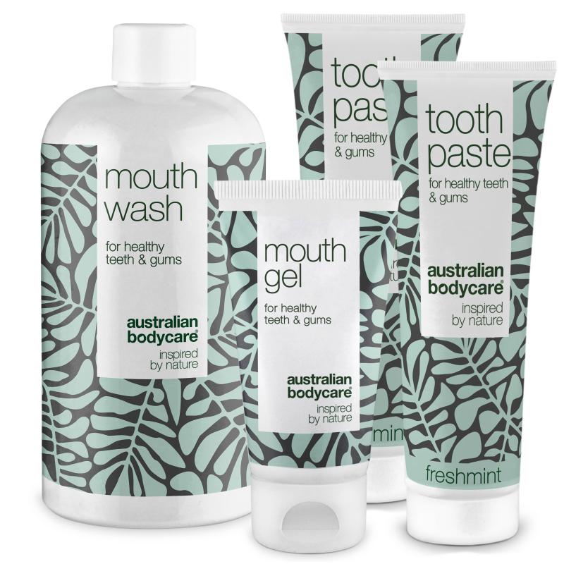 Mundpakken Med 4 Produkter Med Tea Tree Oil ?  Til Daglig Pleje Ved Mundsvamp  Paradentose Og Tandkødsbetændelse