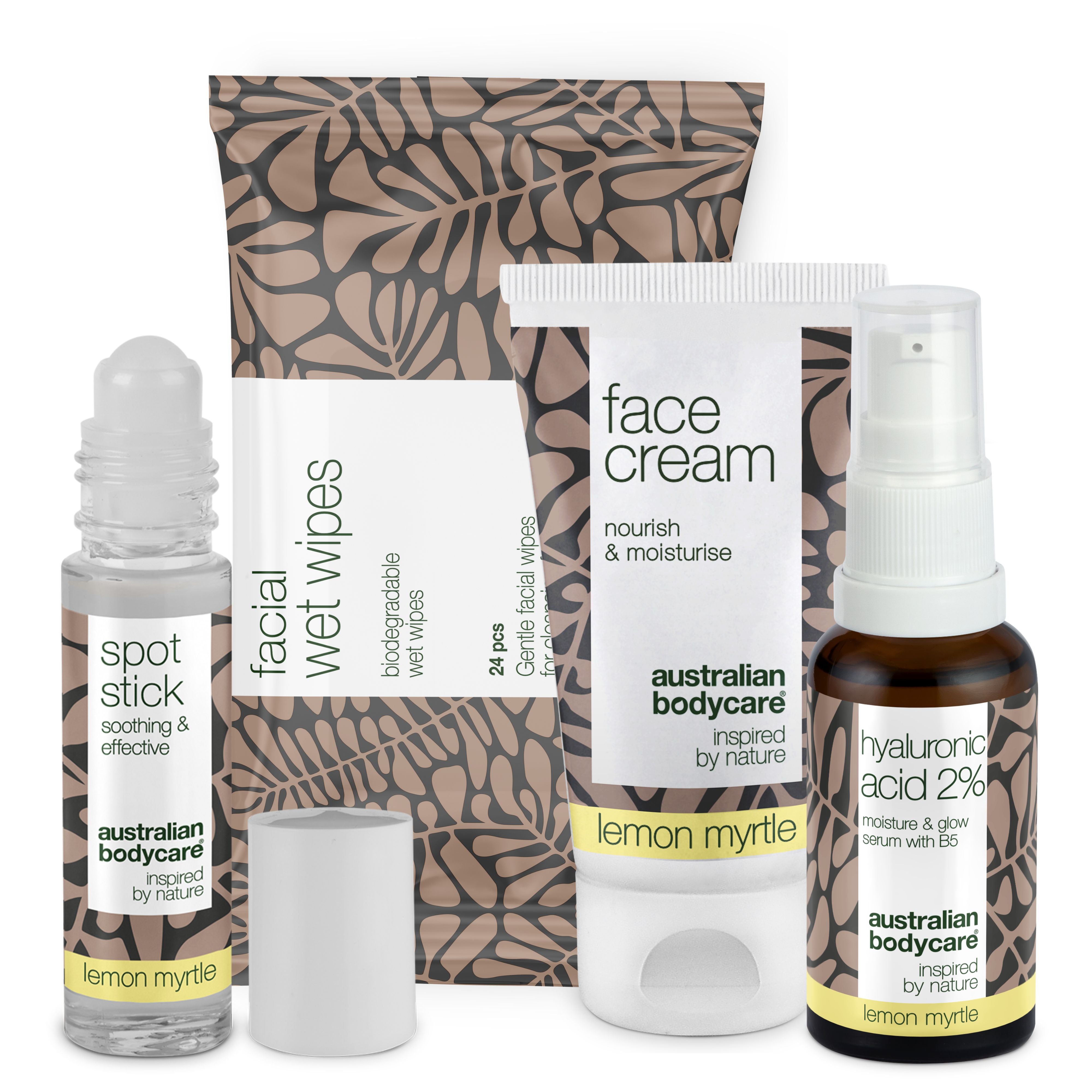 Black Week Plejesæt Til Ansigtet Med Lemon Myrtle ?  Komplet Plejesæt Til Ansigtet Med Lemon Myrtle  Renseservietter  Serum Og Creme     Spot Stick Gratis Med I Black Week