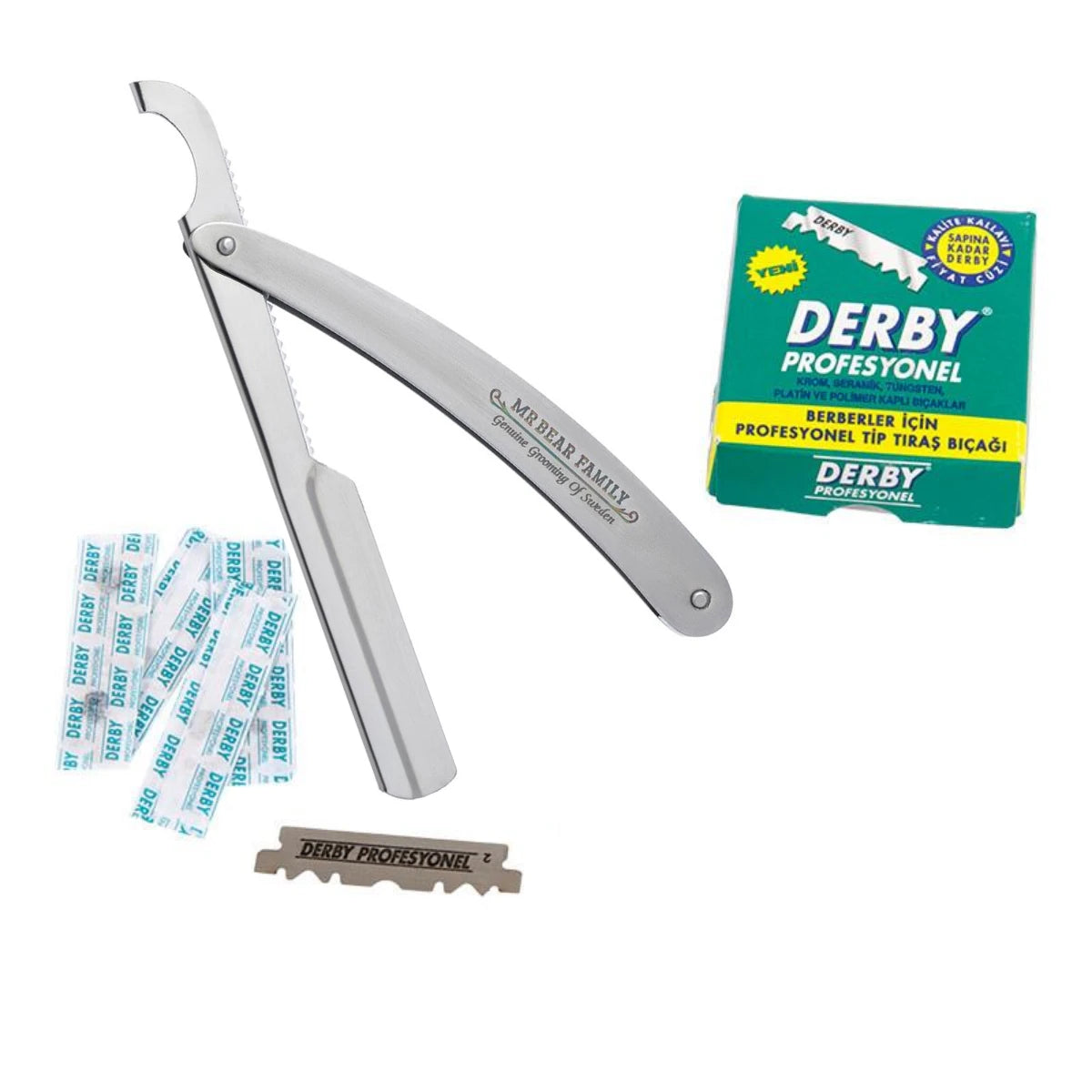 Mr  Bear Sæt Med Straight Razor   100 Derby Klinger