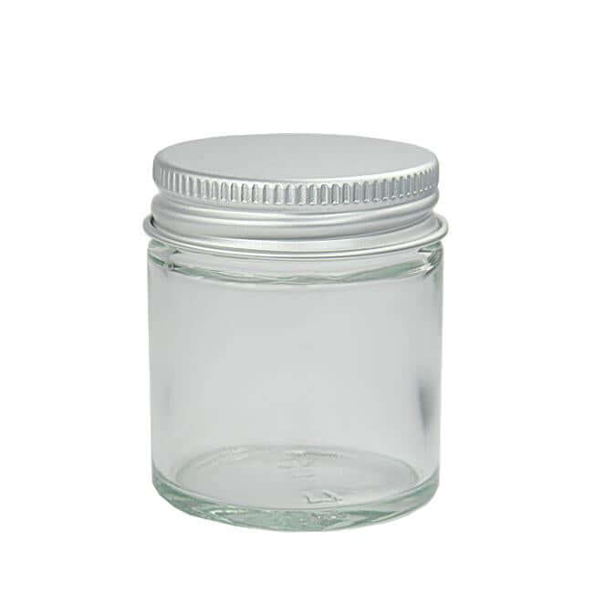 Glasbøtte 30 Ml Med Klar Glaskrukke Og Aluminiumslåg   Hedenhus   Skumpude I Låg  Tætsluttende  49 Mm Høj  40 Mm Diameter