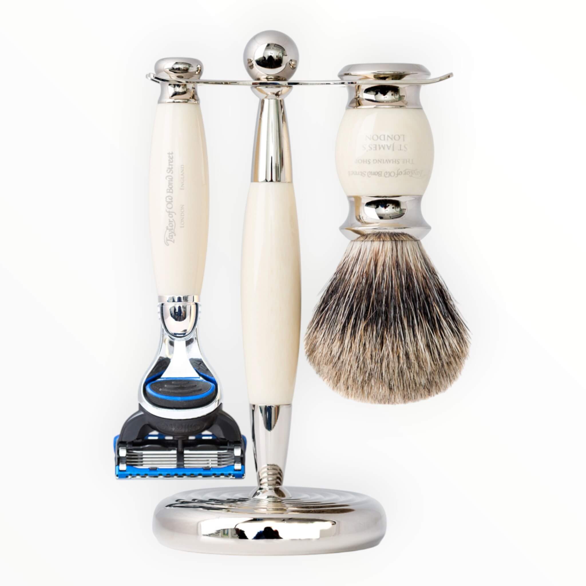 Taylor Of Old Bond Street Barbersæt Med Fusion Skraber  Pure Badger Barberkost Og Holder  Imit  Elfenben