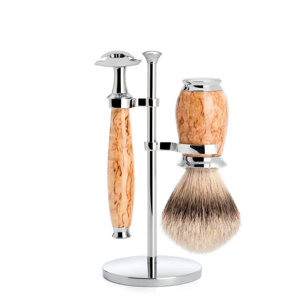 M? Hle Shaving Barbersæt Med De Skraber Silvertip Barberkost Og Holder Purist Karelian Burl Birk
