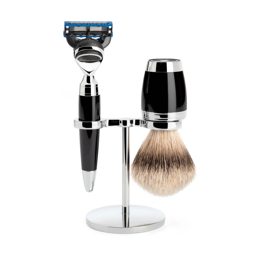 M? Hle Shaving Barbersæt Med Skraber Silvertip Barberkost Og Holder Stylo Sort Kunstharpiks
