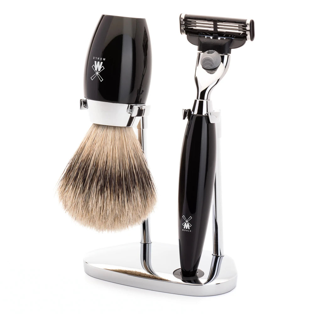 M? Hle Shaving Barbersæt Med Mach3 Skraber Barberkost Og Holder Kosmo Sort Kunstharpiks