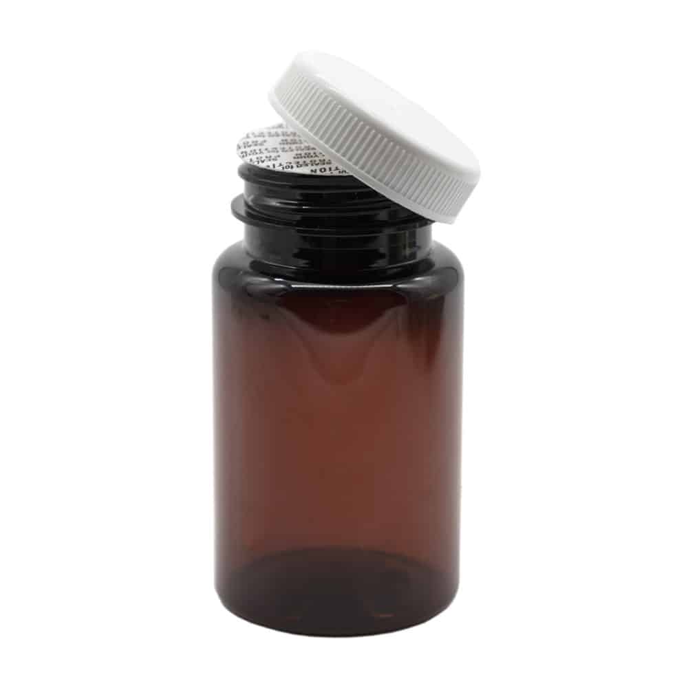 Pilleglas 100 Ml Brun Plast Med Hvidt Låg  Forseglingsindsats   Letvægt  47 Mm Diameter  88 Mm Højde   Hedenhus