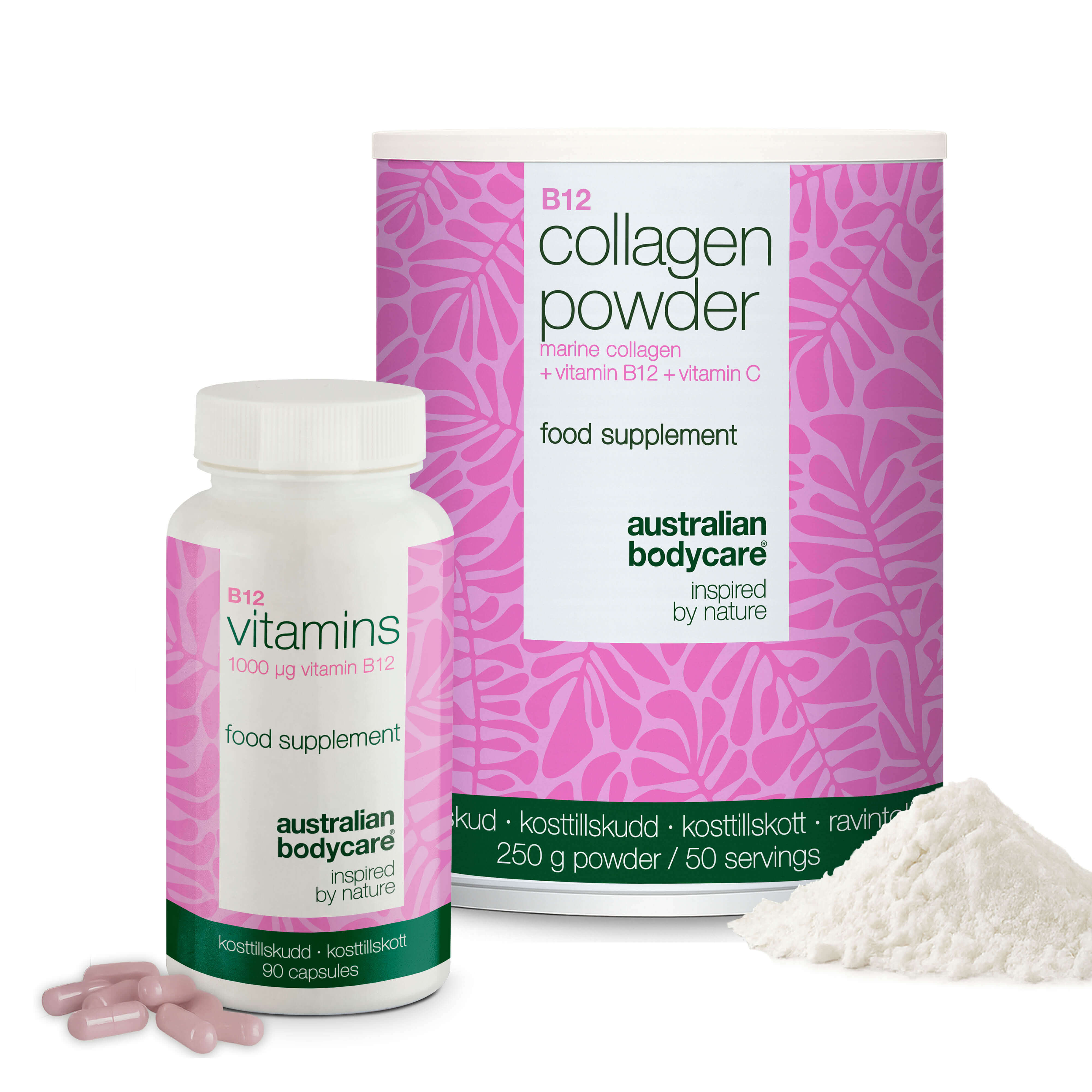 Kollagen   Vitamin B12 Bundle     250 G Kollagenpulver   90 B12 Kapsler ?  Daglig Rutine Med Marint Kollagen  C Vitamin Til Normal Kollagendannelse I Huden Og Højdosis Vitamin B12  1000 ? G